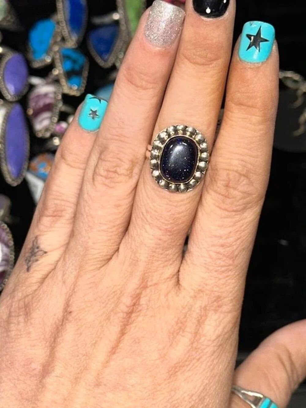 Dark Blue Sandstone Sterling Silver Overlay Ring Size 8